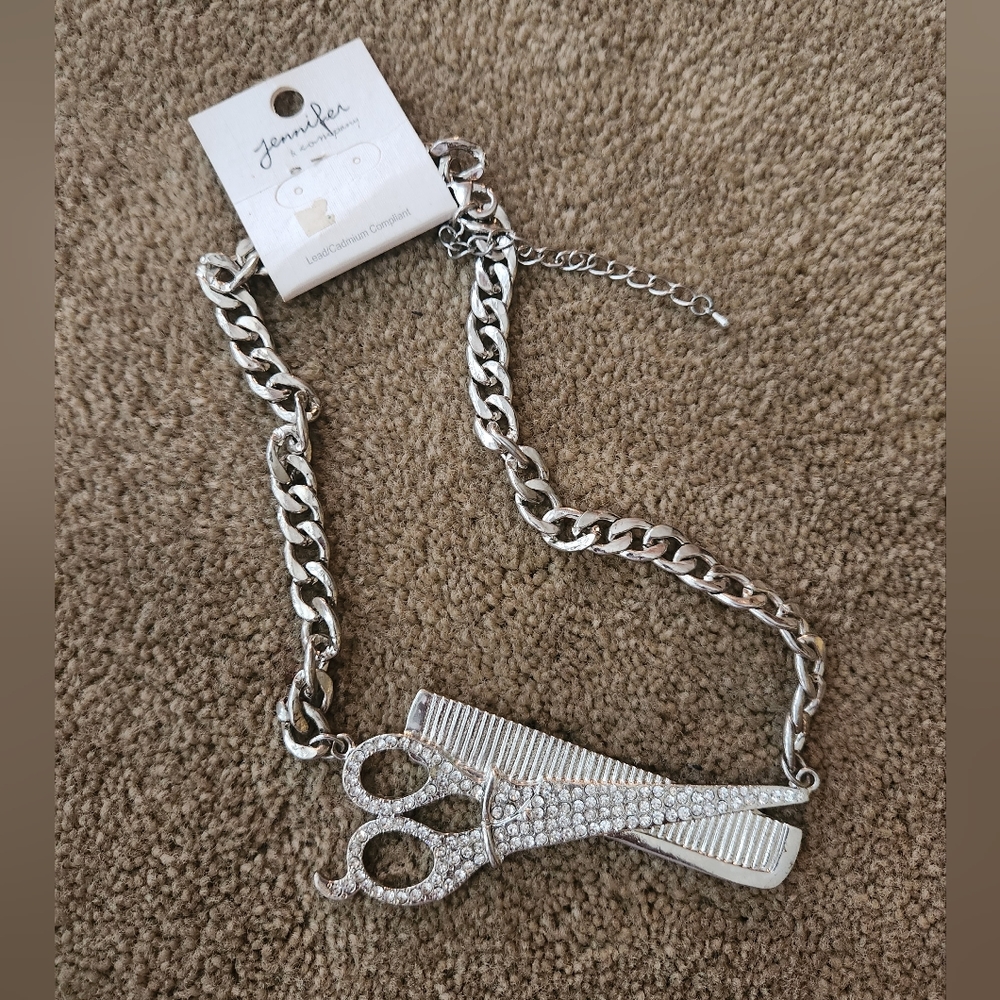 Silver necklace with Scissors and comb
